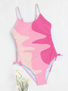 SHEIN Teen Girls Colorblock Drawstring Side One Piece Swimsuit - Pink - View 1