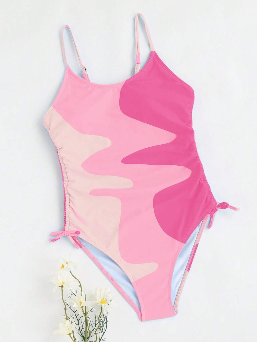 SHEIN Teen Girls Colorblock Drawstring Side One Piece Swimsuit - Pink - View 1