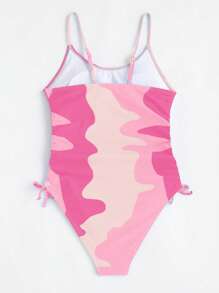 SHEIN Teen Girls Colorblock Drawstring Side One Piece Swimsuit - Pink - View 2