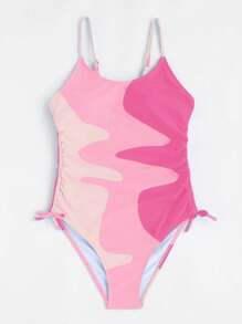 SHEIN Teen Girls Colorblock Drawstring Side One Piece Swimsuit - Pink - View 3