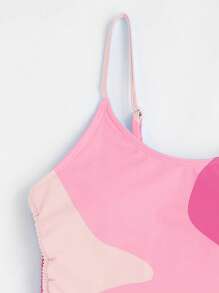 SHEIN Teen Girls Colorblock Drawstring Side One Piece Swimsuit - Pink - View 4