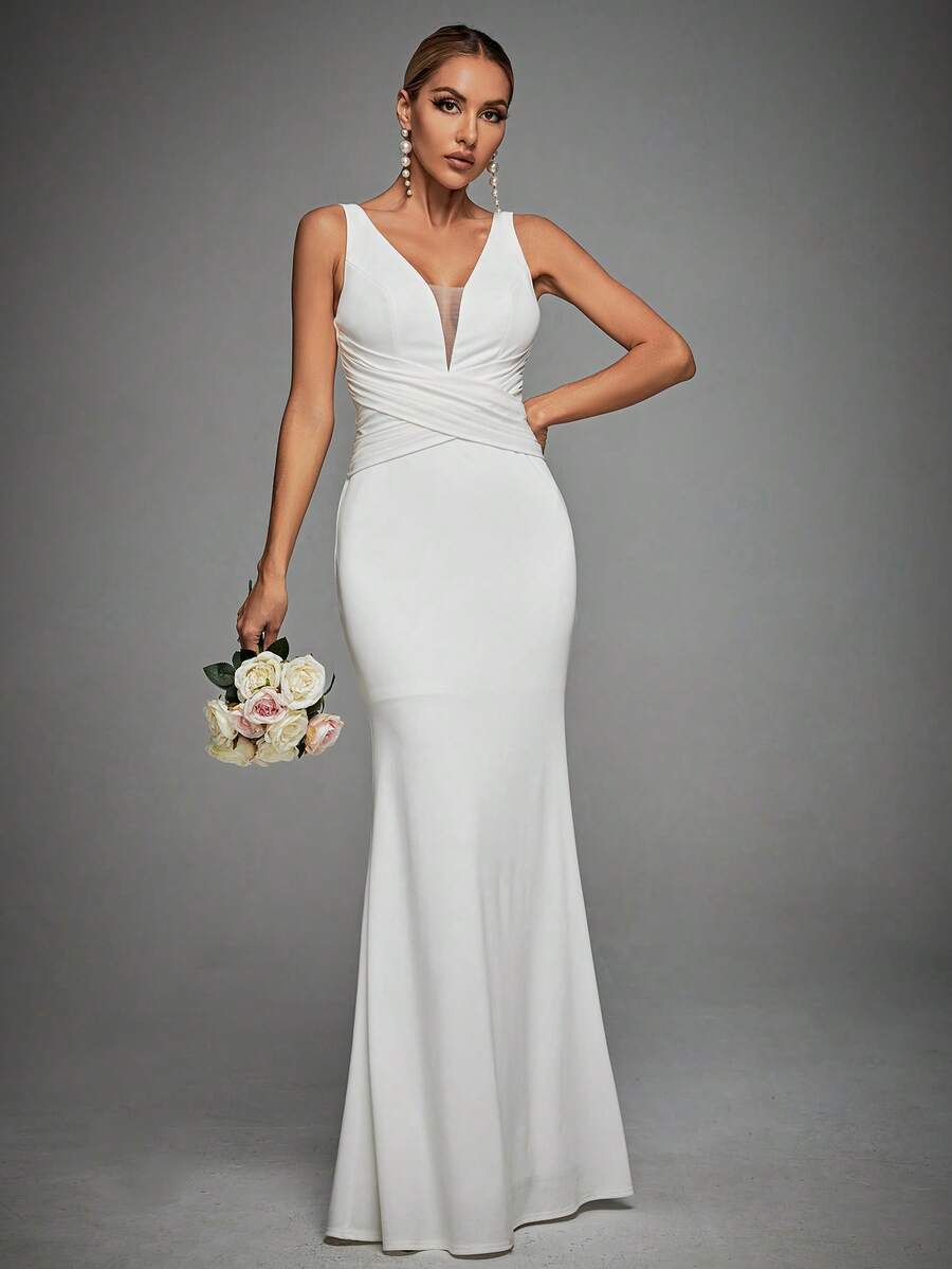 Contrast Mesh Mermaid Hem Wedding Dress - White - View 1