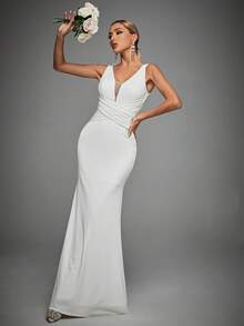 Contrast Mesh Mermaid Hem Wedding Dress - White - View 5