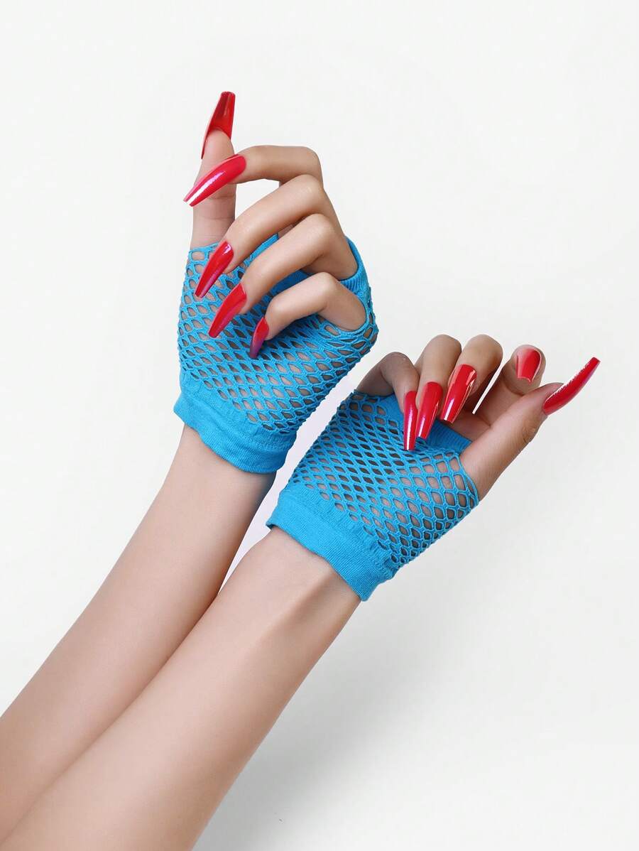 1雙女士素色時尚漁網露指手套適用於戶外 - 霧霾藍 - 查看 1