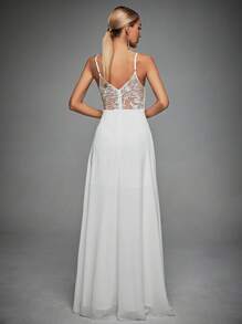 撞色蕾丝露背吊带婚纱 白色优雅新娘礼服，适合情人节新娘 - 白色 - 查看 2