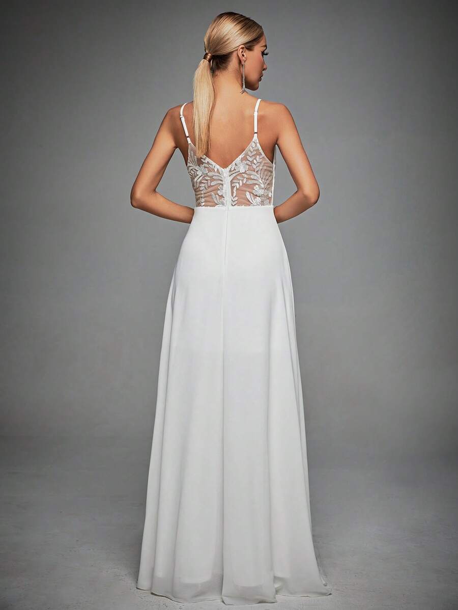 Contrast Lace Backless Cami Wedding Dress White Elegant Bridal Dress,Bride, For Valentine's Day Spring - White - View 1