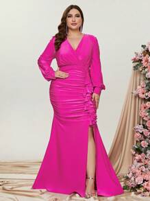 Plus Ruched Ruffle Trim Split Thigh Dress - Red Violet - View 1