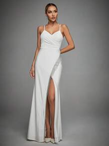 Solid Fringe Detail Split Thigh Cami Wedding Dress - White - View 4