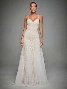 Contrast Mesh Hem Cami Wedding Dress - White - View 1