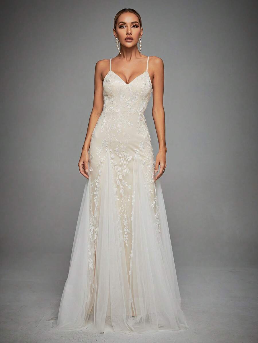 Contrast Mesh Hem Cami Wedding Dress - White - View 1