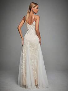 Contrast Mesh Hem Cami Wedding Dress - White - View 2