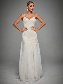 Contrast Mesh Hem Cami Wedding Dress - White - View 6