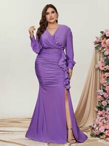 Plus Ruched Ruffle Trim Split Thigh Dress - Purple - View 1