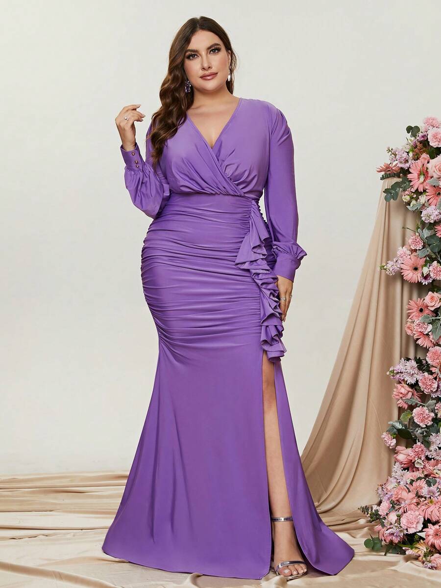 Plus Ruched Ruffle Trim Split Thigh Dress - Purple - View 1
