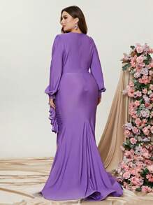 Plus Ruched Ruffle Trim Split Thigh Dress - Purple - View 2
