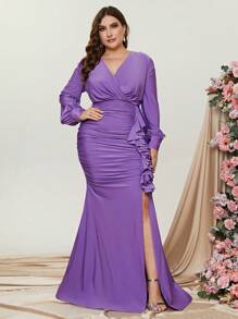 Plus Ruched Ruffle Trim Split Thigh Dress - Purple - View 5