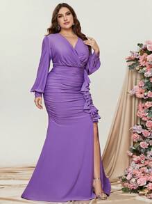 Plus Ruched Ruffle Trim Split Thigh Dress - Purple - View 6