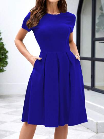Solid Slant Pocket Fold Pleated Dress