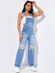 SHEIN EZwear Ripped Patched Pocket Denim Dungarees Without Tube Top - Light Wash - View 4