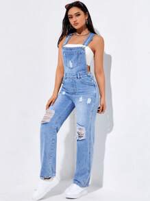 SHEIN EZwear Ripped Patched Pocket Denim Dungarees Without Tube Top - Light Wash - View 5