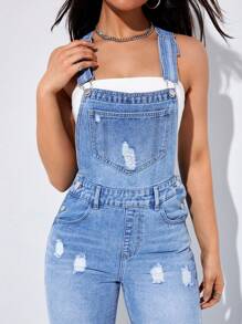 SHEIN EZwear Ripped Patched Pocket Denim Dungarees Without Tube Top - Light Wash - View 3