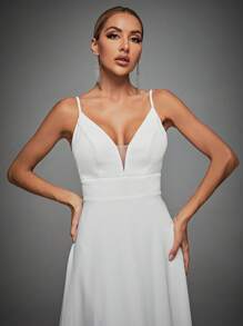 撞色蕾丝露背吊带婚纱 白色优雅新娘礼服，适合情人节新娘 - 白色 - 查看 6