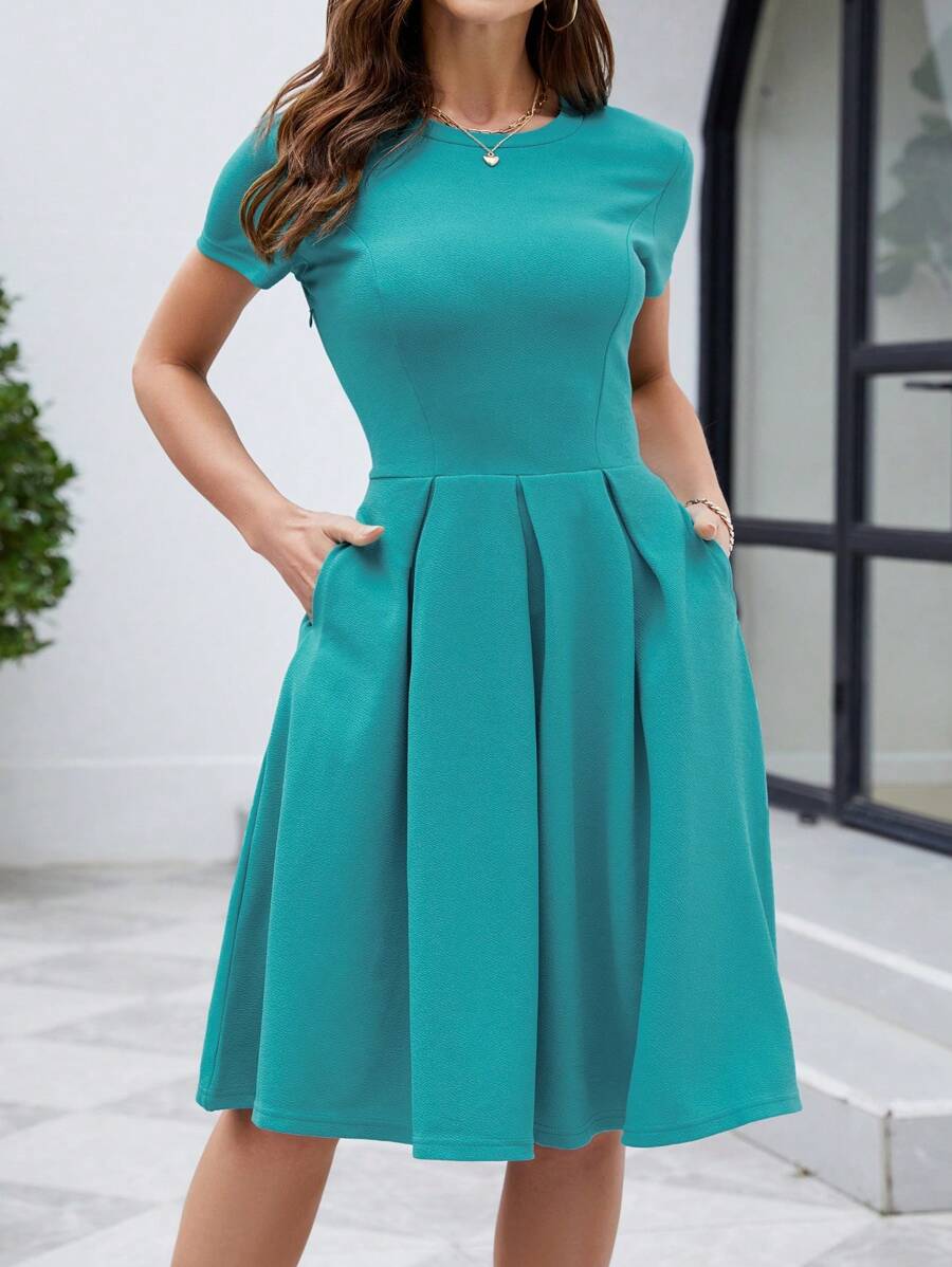 Đầm Xếp li Túi Dây kéo màu trơn Thanh lịch - Màu xanh Cadet - Xem 1