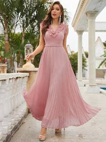 Ruffle Trim Pleated Hem Chiffon Bridesmaid Dress - Dusty Pink - View 1
