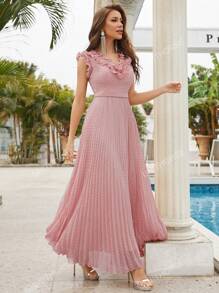 Ruffle Trim Pleated Hem Chiffon Bridesmaid Dress