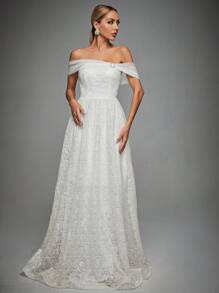 Off Shoulder Lace Wedding Dress - White - View 1