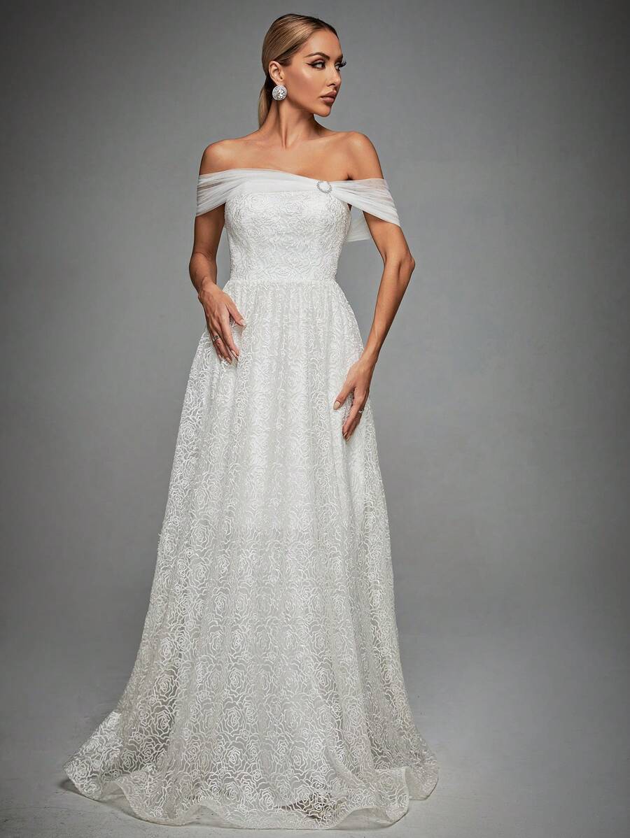Off Shoulder Lace Wedding Dress - White - View 1