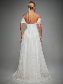 Off Shoulder Lace Wedding Dress - White - View 2