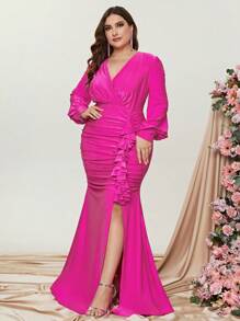 Plus Ruched Ruffle Trim Split Thigh Dress - Red Violet - View 6