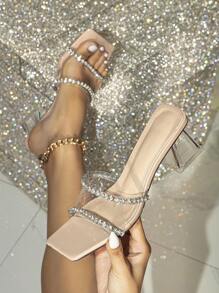 女士水鑽裝飾透明粗跟穆勒涼鞋,魅力四射夏天高跟涼鞋 - 無色 - 查看 1