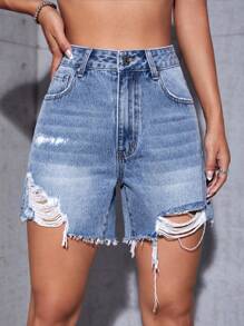 SHEIN ICON Denim Shorts mit Riss, rohem Saum,
