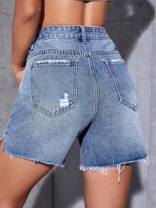 SHEIN ICON Denim Shorts mit Riss, rohem Saum,