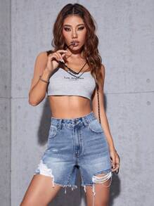 SHEIN ICON Denim Shorts mit Riss, rohem Saum,