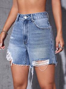 SHEIN ICON Denim Shorts mit Riss, rohem Saum,