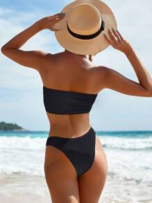 SHEIN Swim Summer Beach Plain Bandeau Bikini Set - Black - View 2
