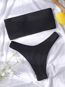 SHEIN Swim Summer Beach Plain Bandeau Bikini Set - Black - View 4