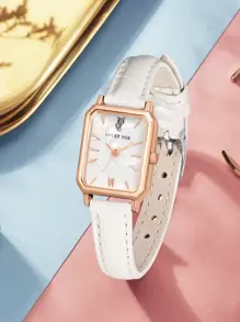 LUCKYFOX 1 件白色 PU 聚氨酯表带优雅方形表盘石英表，适合日常生活，可作为学生返校礼物 - 白色 - 查看 2