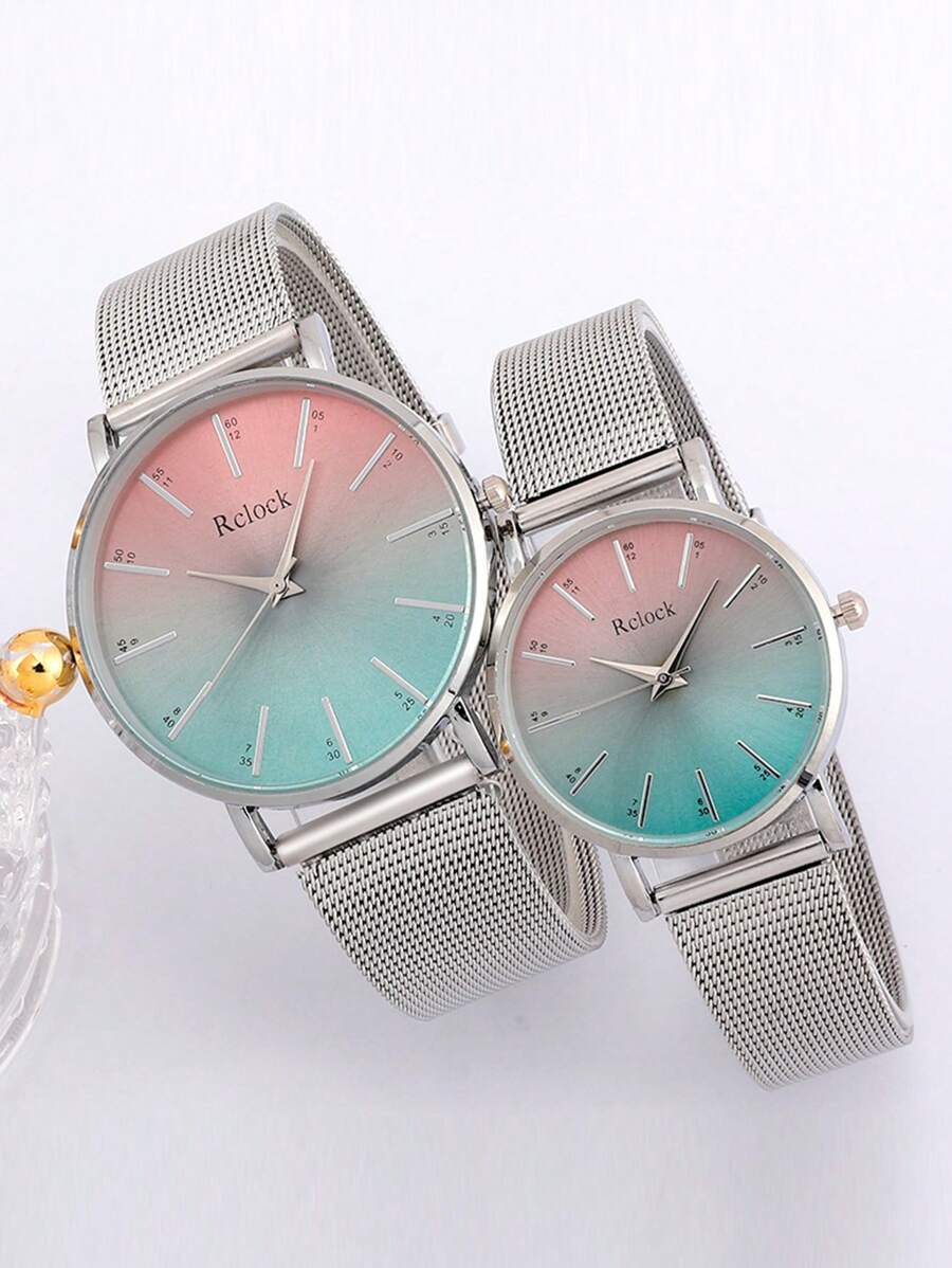 2入組情侶網眼帶漸變色錶盤石英表 - 銀色 - 查看 1