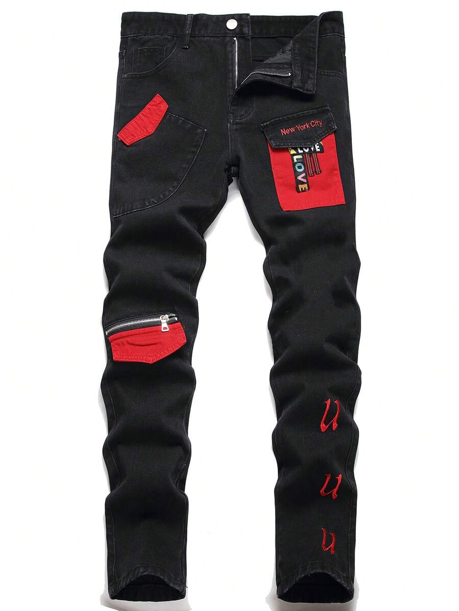 Men Cotton Letter Graphic Zip Detail Jeans - Black - View 1