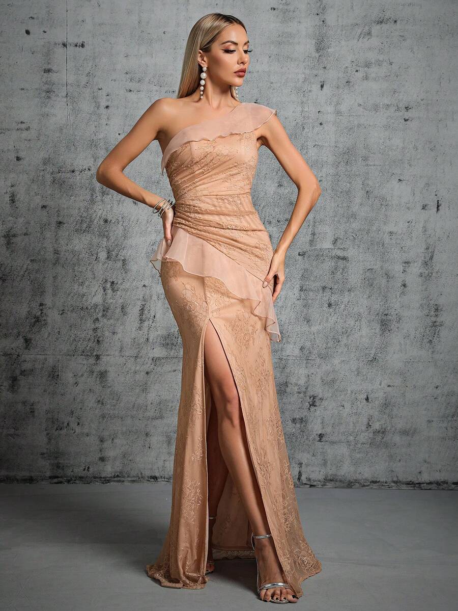 One Shoulder Ruffle Trim Split Thigh Lace Bridesmaid Dress - Coffee - View 1