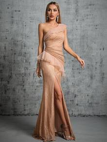 One Shoulder Ruffle Trim Split Thigh Lace Bridesmaid Dress - Coffee - View 3