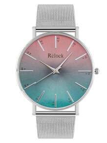 2入組情侶網眼帶漸變色錶盤石英表 - 銀色 - 查看 4