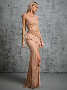 One Shoulder Ruffle Trim Split Thigh Lace Bridesmaid Dress - Coffee - View 5