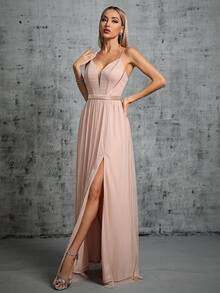 高衩網紗吊帶洋裝