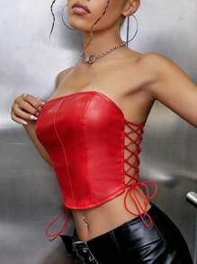 SHEIN ICON Lace Up Side PU Leather Tube Top - Red - View 1