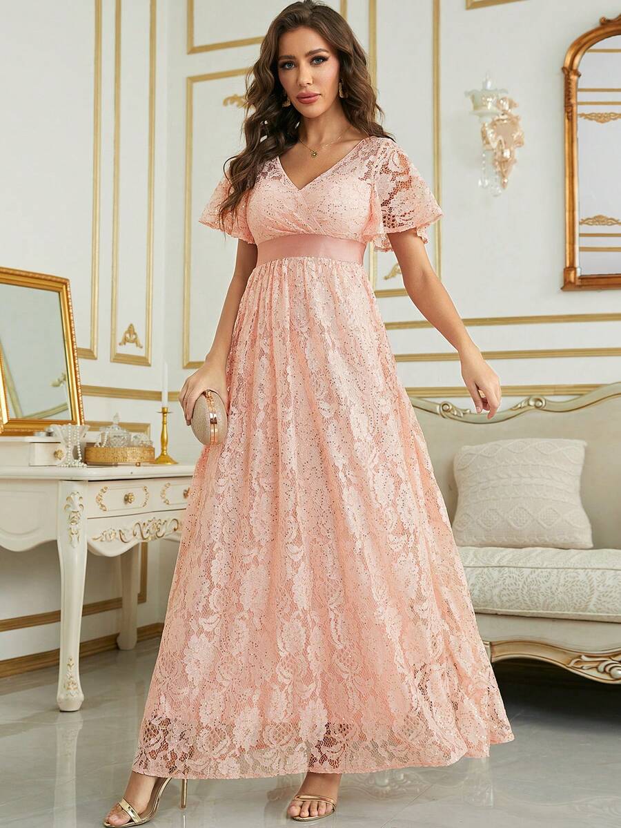 Butterfly Sleeve Lace Dress - Baby Pink - View 1